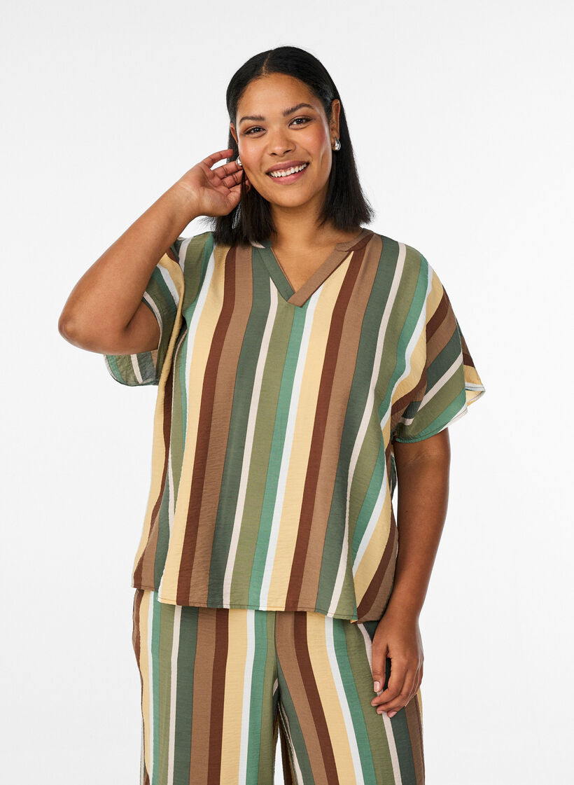 Striped viscose blouse with short sleeves, Brown, Model image number 0