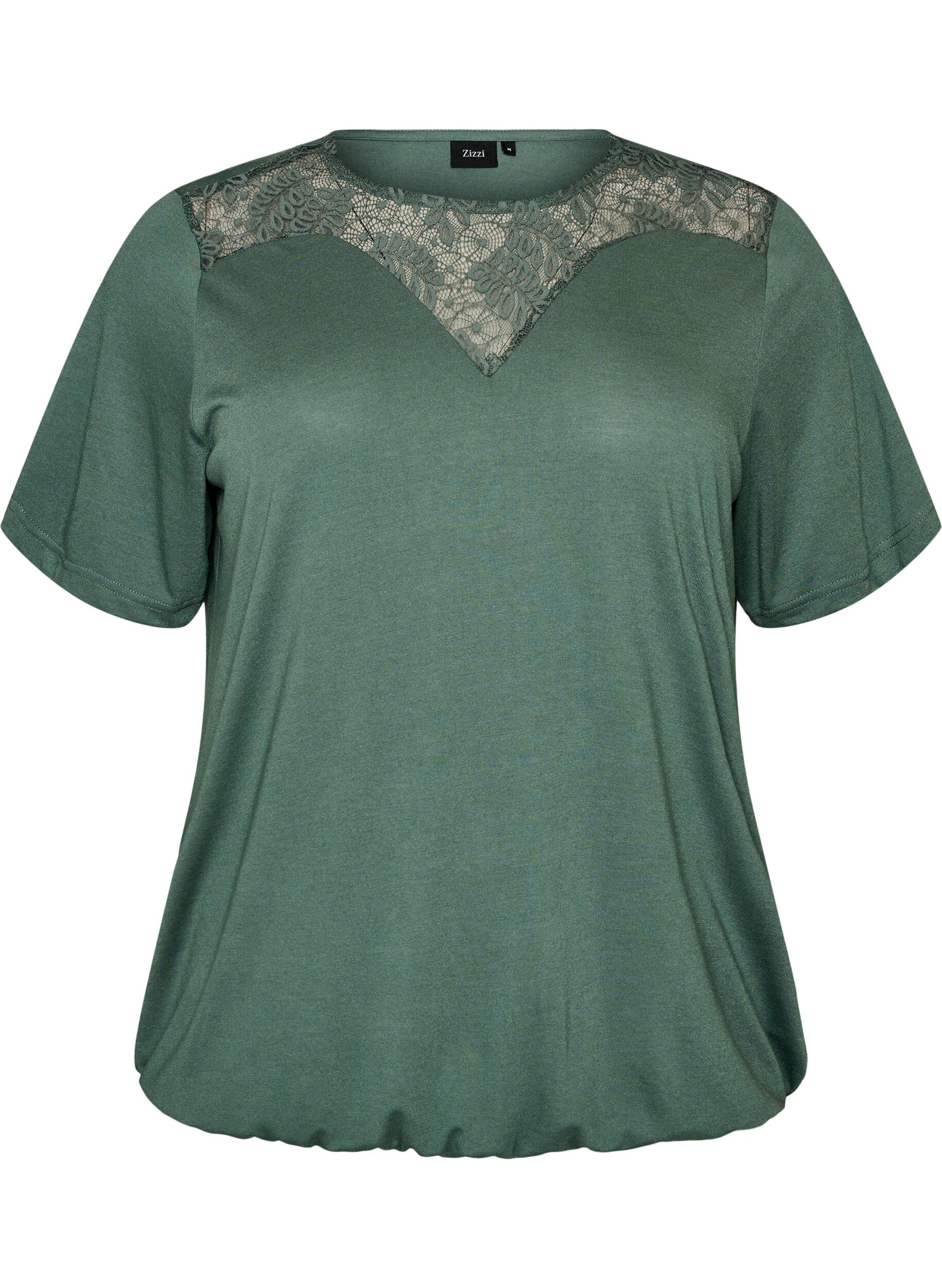 Zizzifashion Blouse with lace insert and balloon sleeves, Green, Packshot image number 0