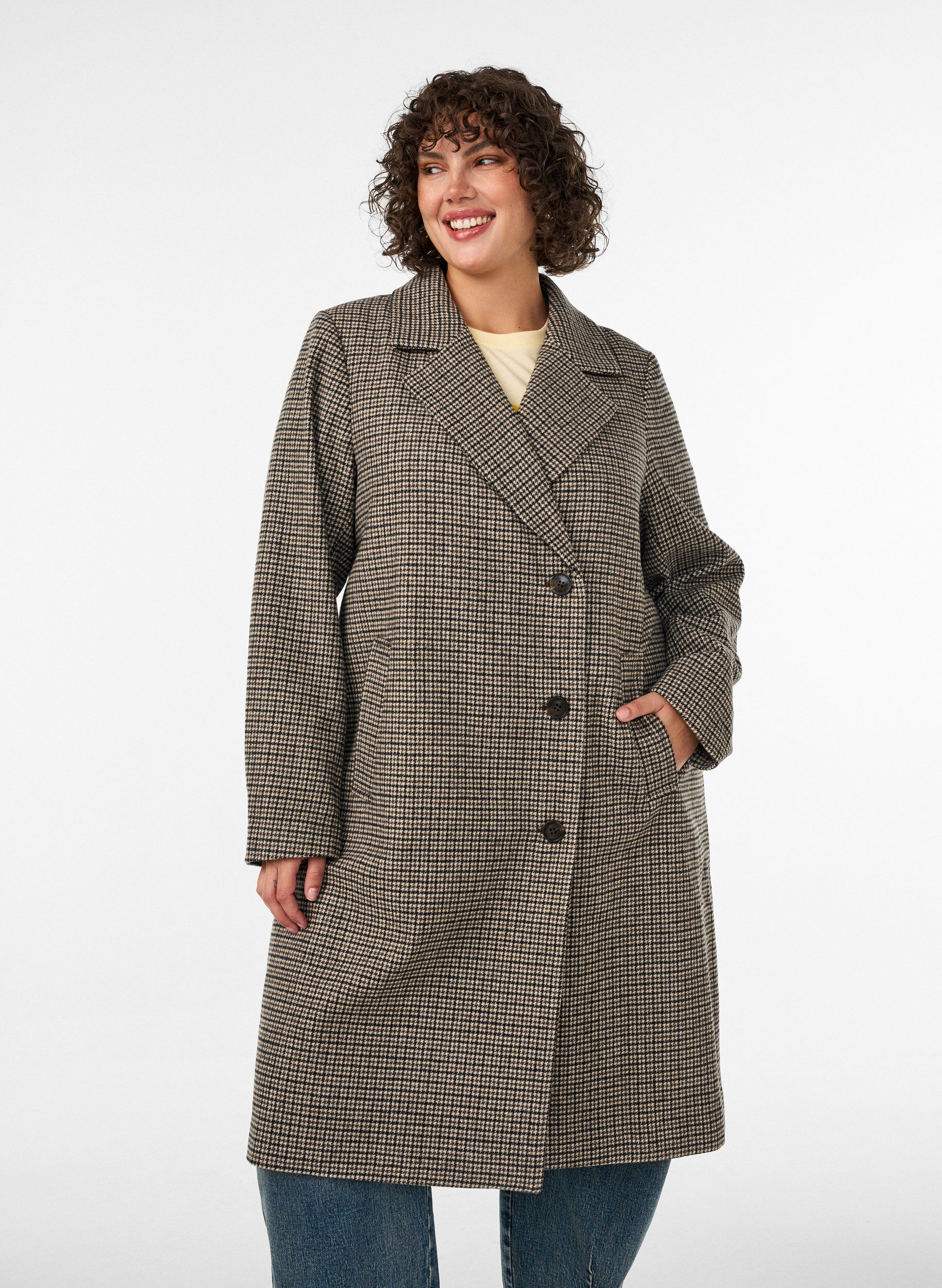 ZizzifashionMid-length checked coat, Brown, Model image number 1