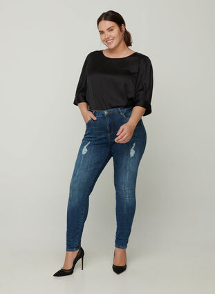 Short-sleeved shiny blouse, Black, Model image number 2