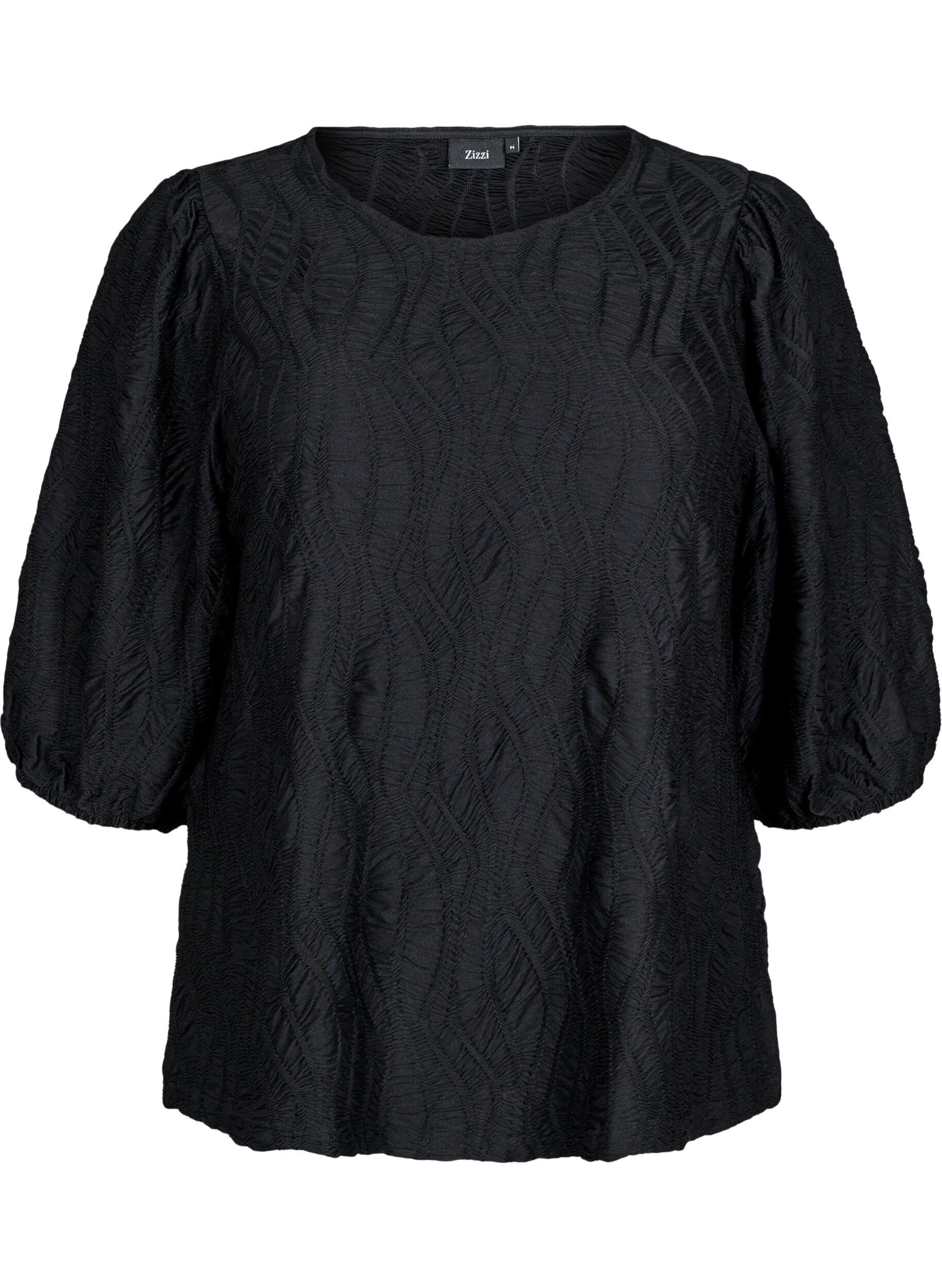 Zizzifashion Blouse with texture and 3/4 sleeves, Black, Packshot image number 0