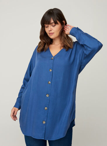 V-neck lyocell shirt, Blue denim, Model image number 0
