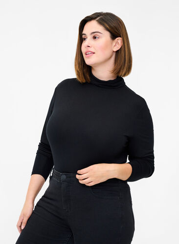 Close-fitting viscose blouse with roll-neck, Black, Model image number 0