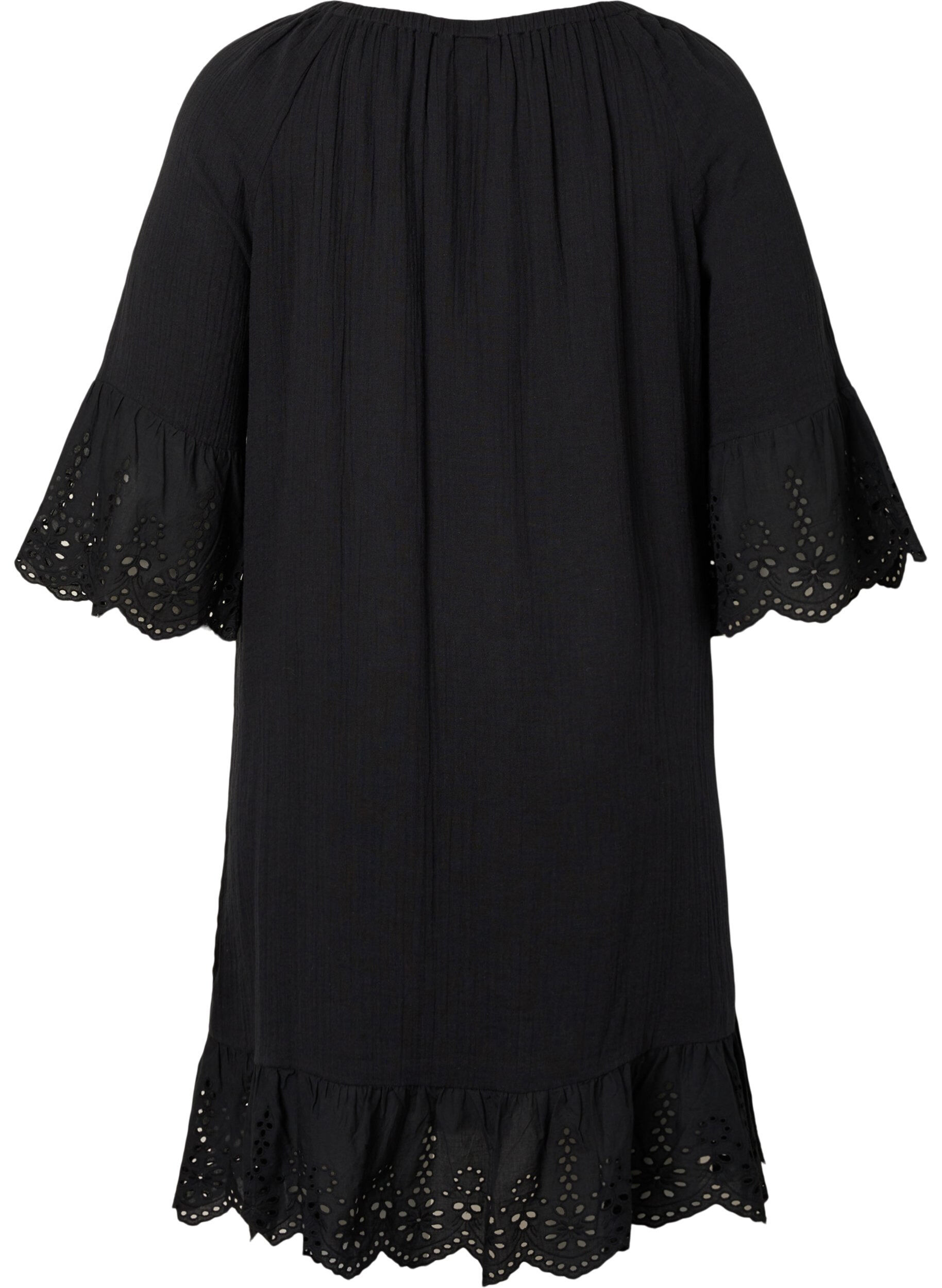 Zizzifashion Cotton dress with broderie anglaise, Black, Packshot image number 1