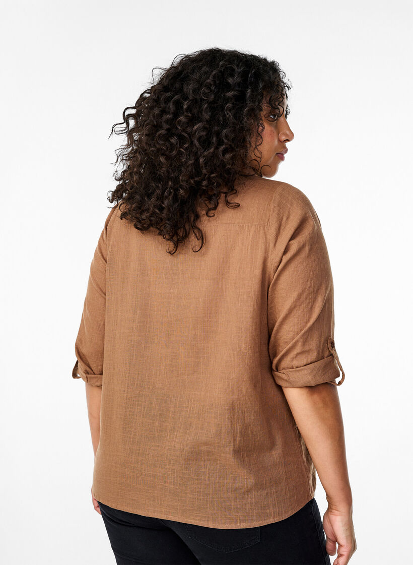 Cotton shirt blouse with v-neck, Coca Mocha, Model image number 1