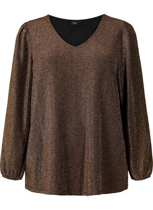 Glitter blouse with puff sleeves, Black Copper, Packshot image number 0