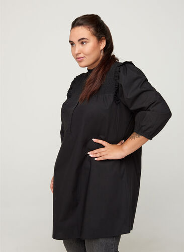 Cotton tunic wth 3/4-length sleeves and ruffles, Black, Model image number 0