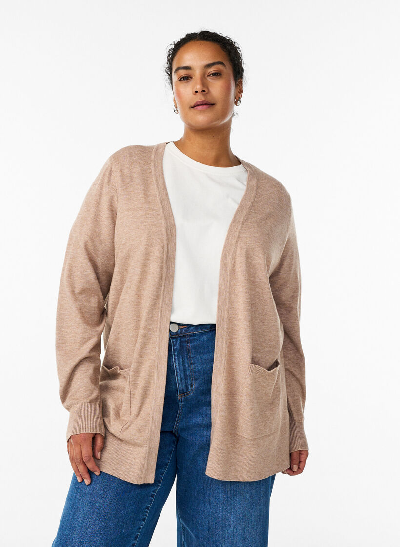 Long open-front knit cardigan with pockets, Beige, Model image number 0
