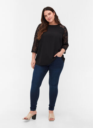 Lace blouse with 3/4 sleeves, Black, Model image number 2