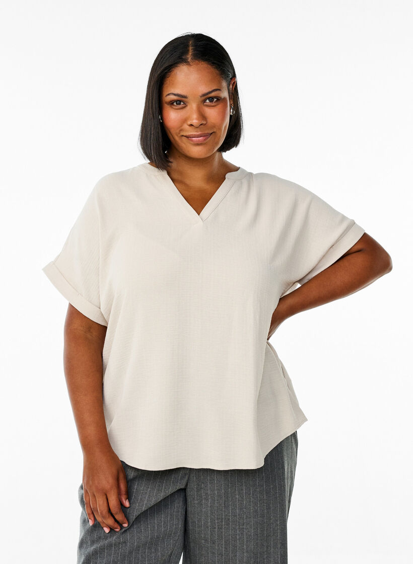 Loose blouse with short sleeves, Beige, Model image number 0