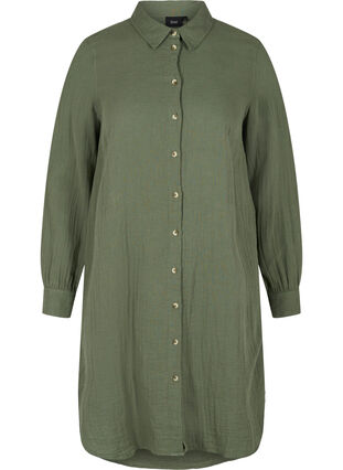 Long cotton shirt with a classic collar, Thyme, Packshot image number 0