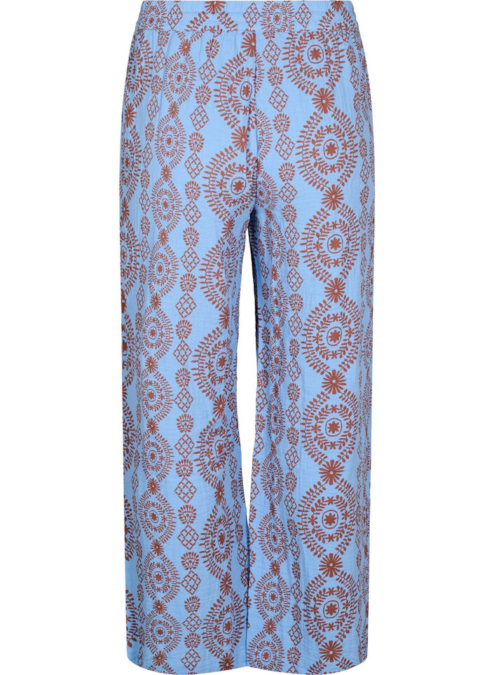Loose trousers in patterned cotton muslin, Light Blue, Packshot image number 1
