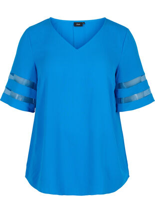 Short-sleeved blouse with v-neck, Princess Blue, Packshot image number 0