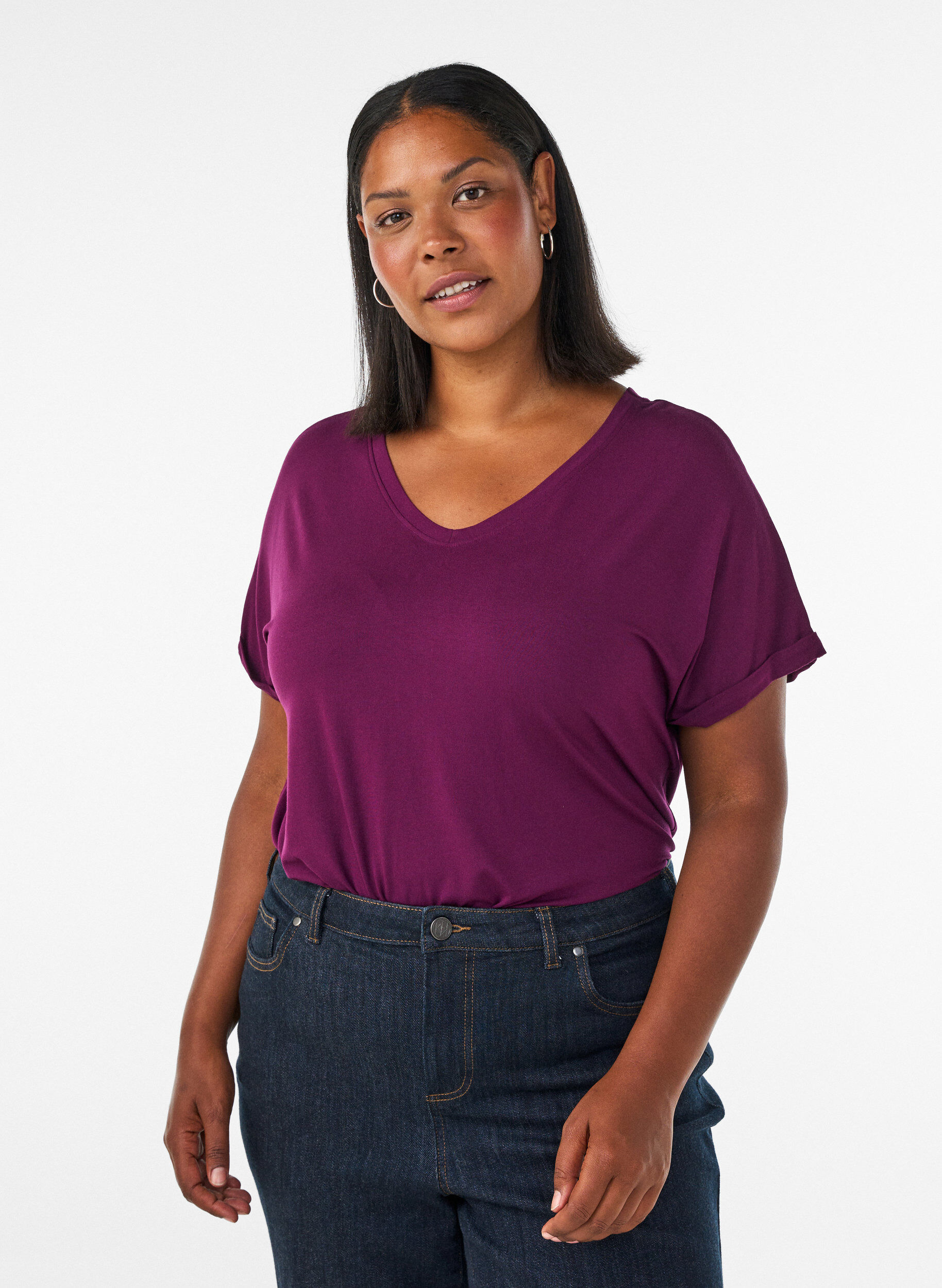 ZizzifashionBasic V-neck T-shirt in viscose, Purple, Model image number 0
