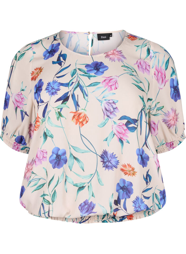 Floral blouse with smocking, Blue, Packshot image number 0