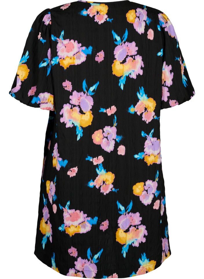 Dress with short puff sleeves and floral print, Black w. flower AOP, Packshot image number 1