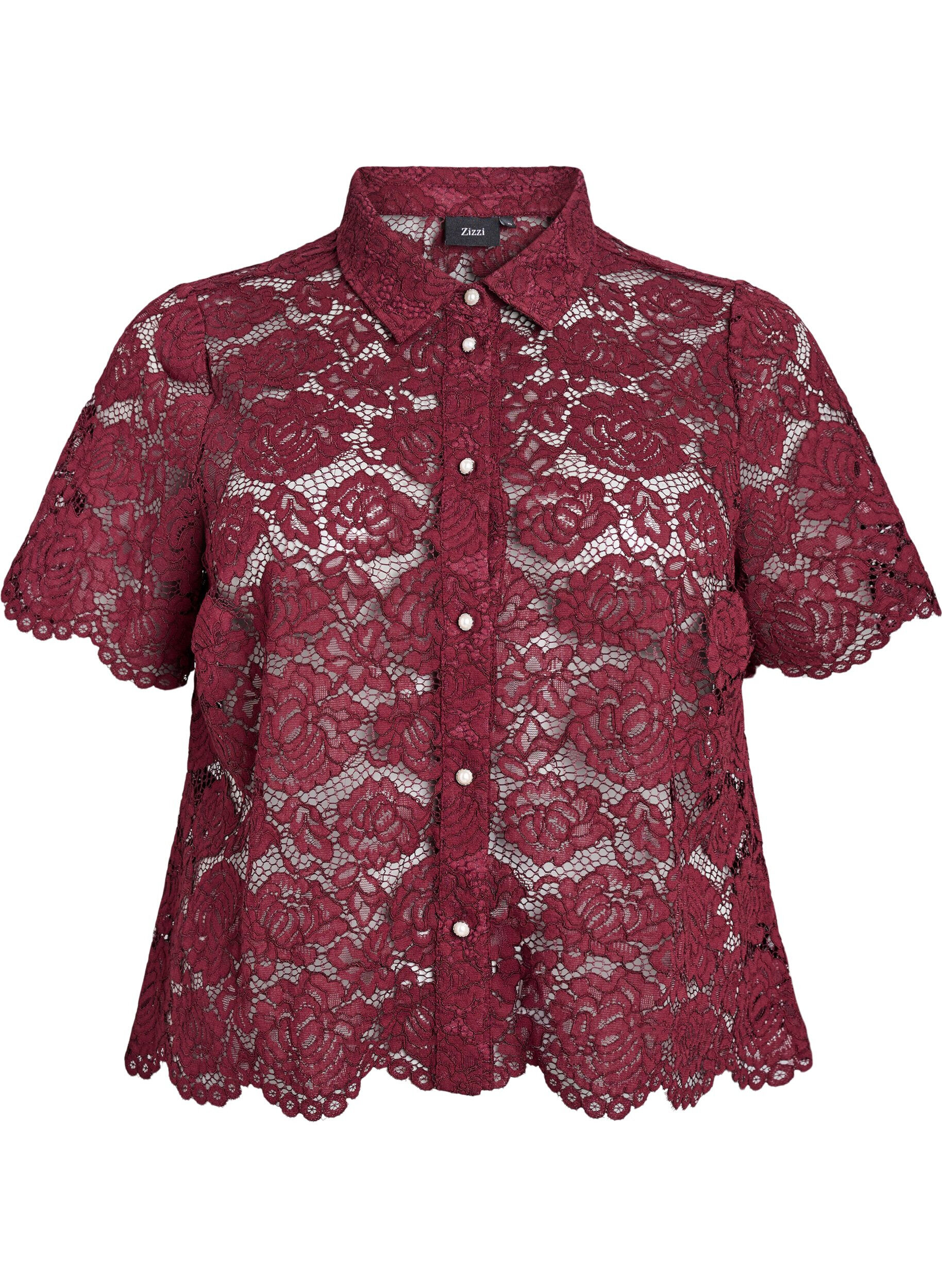 Zizzifashion Lace shirt blouse with pearl buttons, Dark Bordeaux, Packshot image number 0