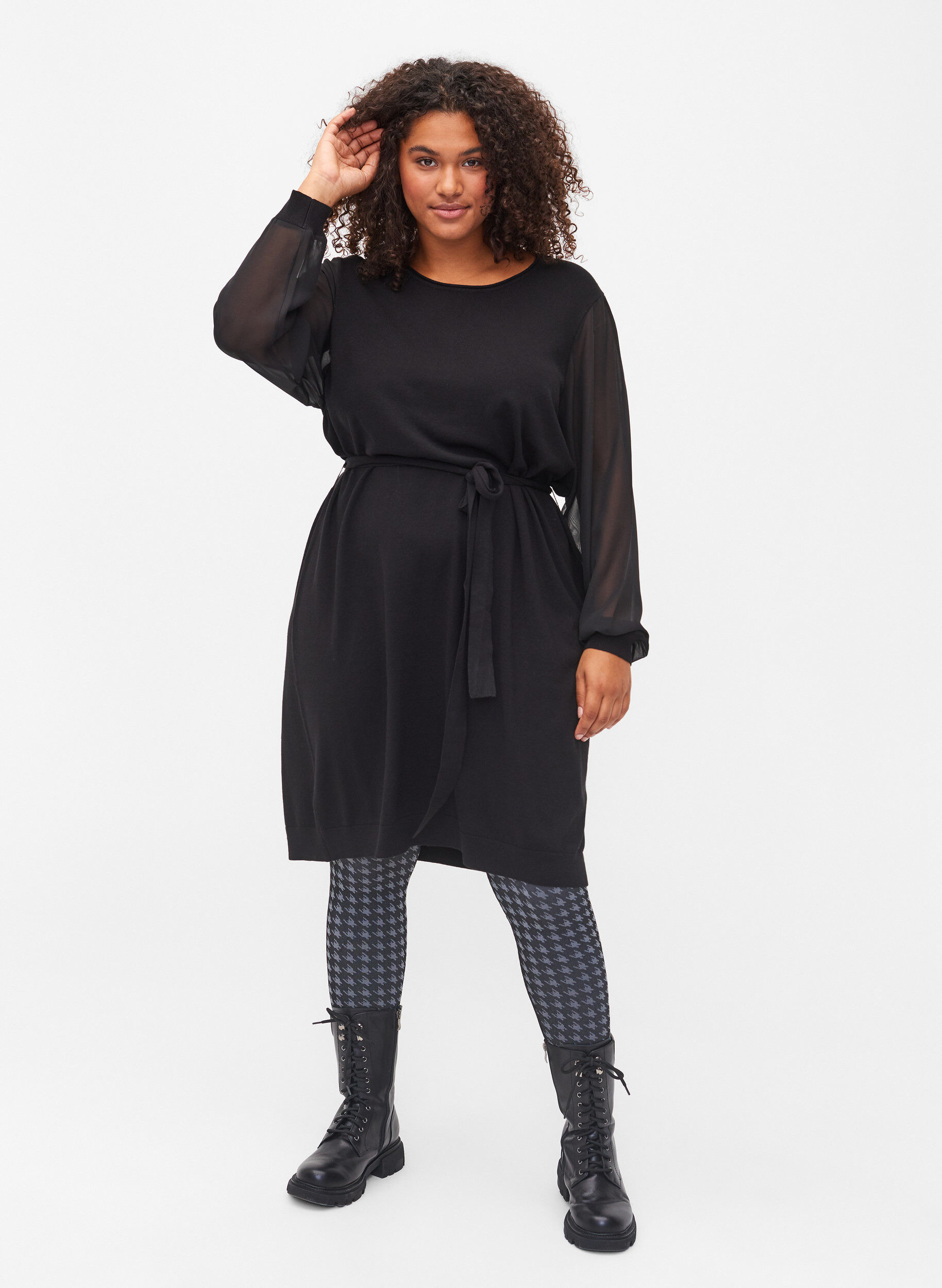Zizzifashion Knitted dress with sheer sleeves, Black, Model image number 2