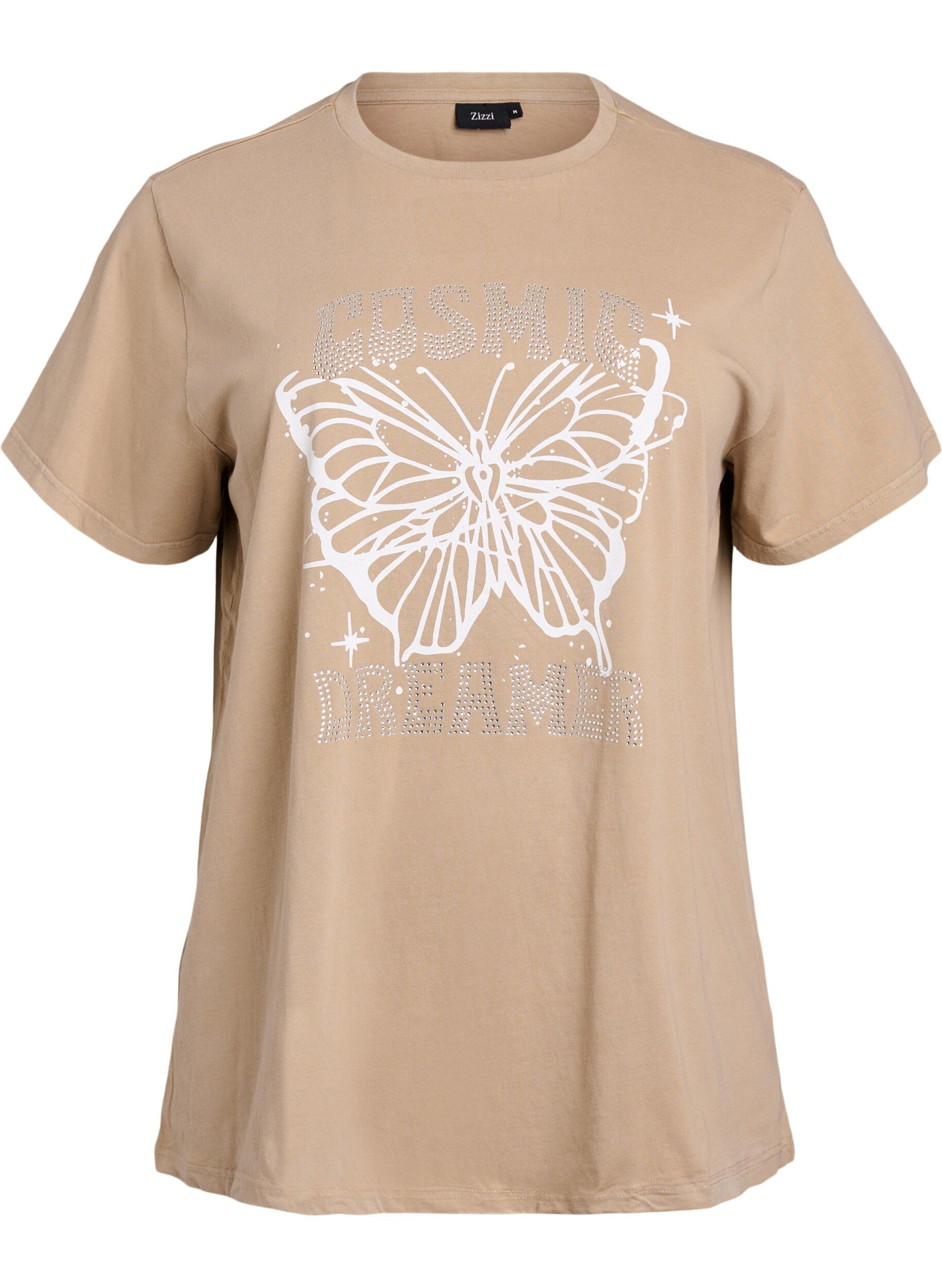 Organic cotton T-shirt with rhinestones and butterfly motif