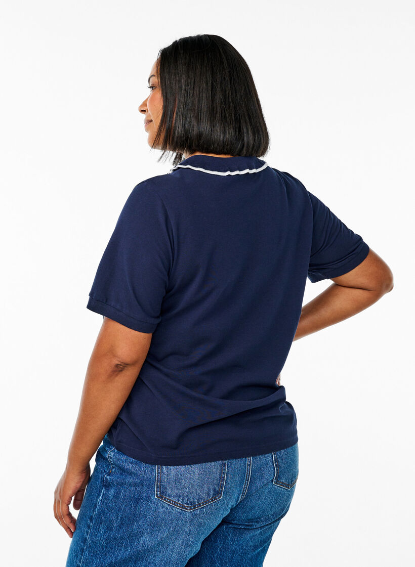 Polo shirt with rhinestone buttons and ruffle detail, Blue, Model image number 2