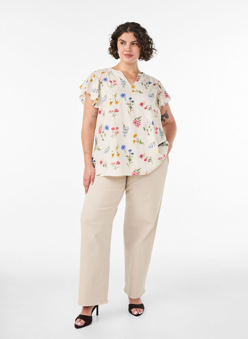 Viscose and linen blouse with ruffle sleeves, Beige, Model image number 1
