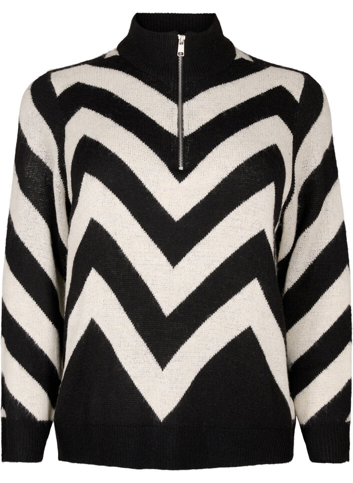 High neck knitted sweater with zipper, Black Birch Stripe, Packshot image number 0