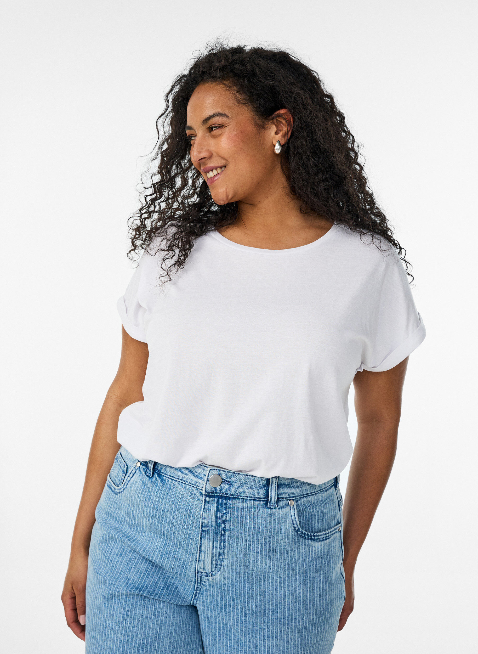 Short sleeved cotton blend t-shirt, White, Model