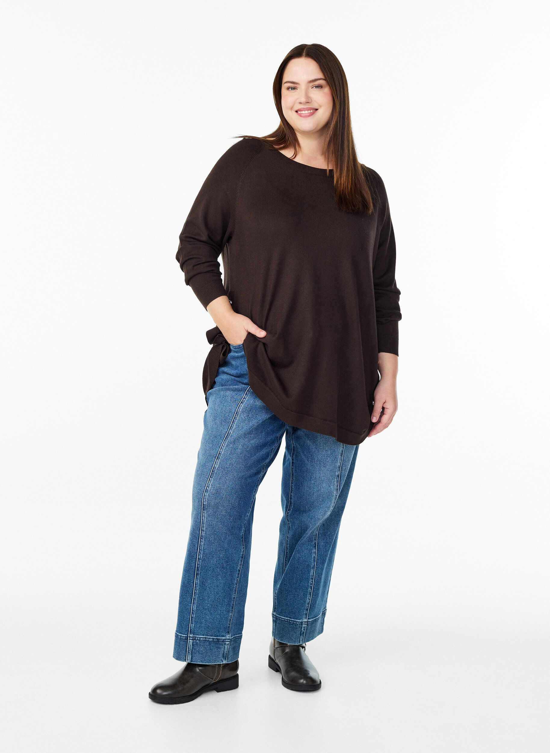 ZizzifashionKnitted blouse with side buttons, Brown, Model image number 1