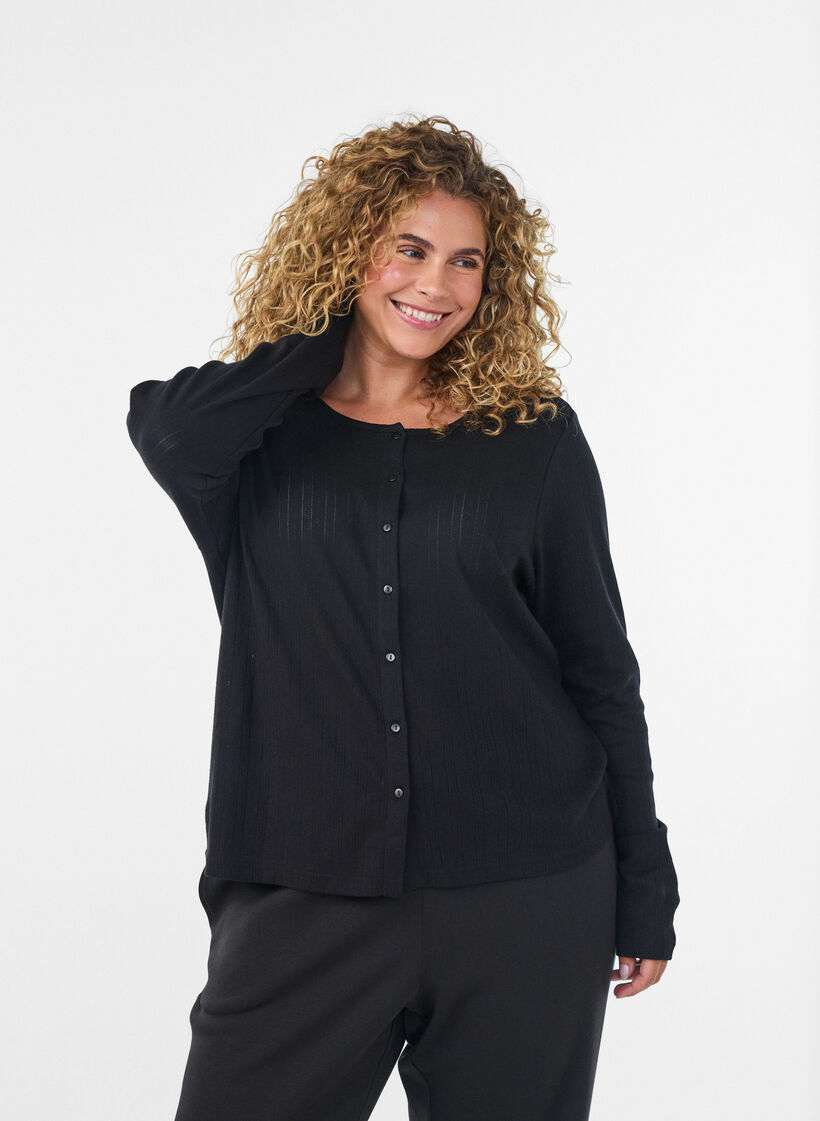 Cardigan in organic cotton with eyelet embroidery, Black, Model image number 0