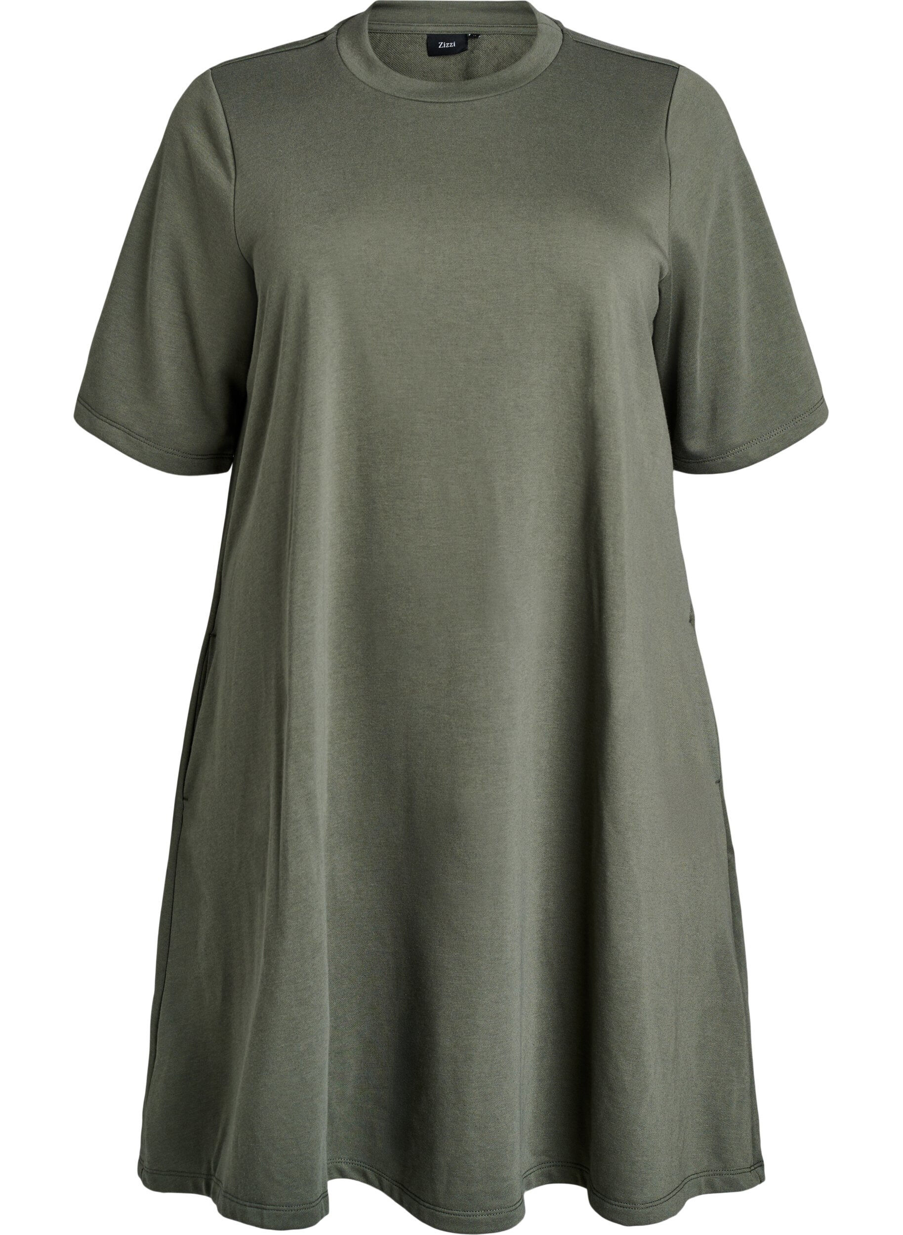 Knee-length jersey dress with pockets and A-line shape