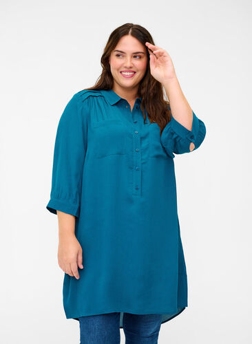 Viscose tunic with buttons and 3/4 sleeves, Maroccan Blue, Model image number 0