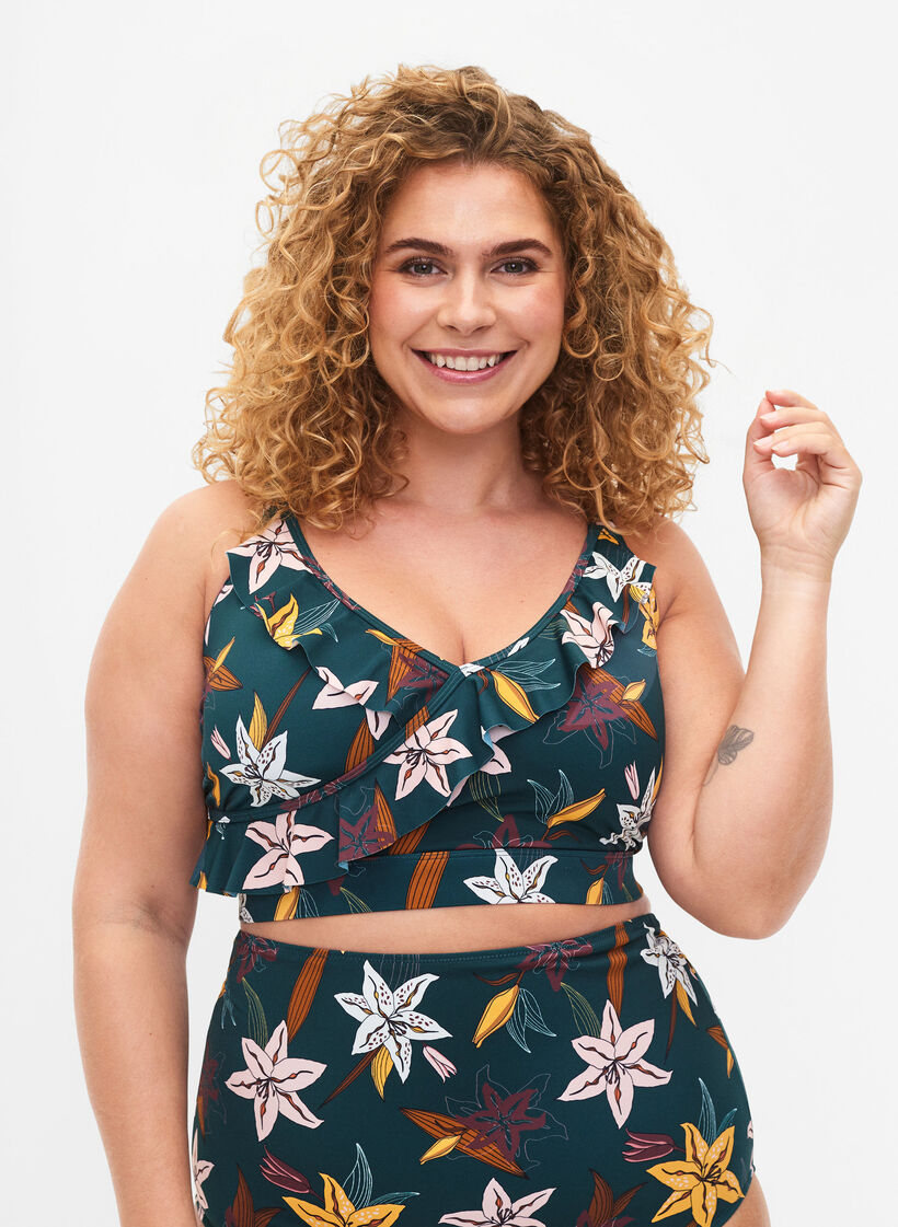 Floral bikini top with ruffle details, Green, Model image number 0