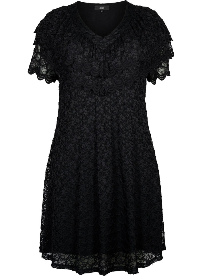 Short-sleeved blonde dress with wide frills, Black, Packshot image number 0