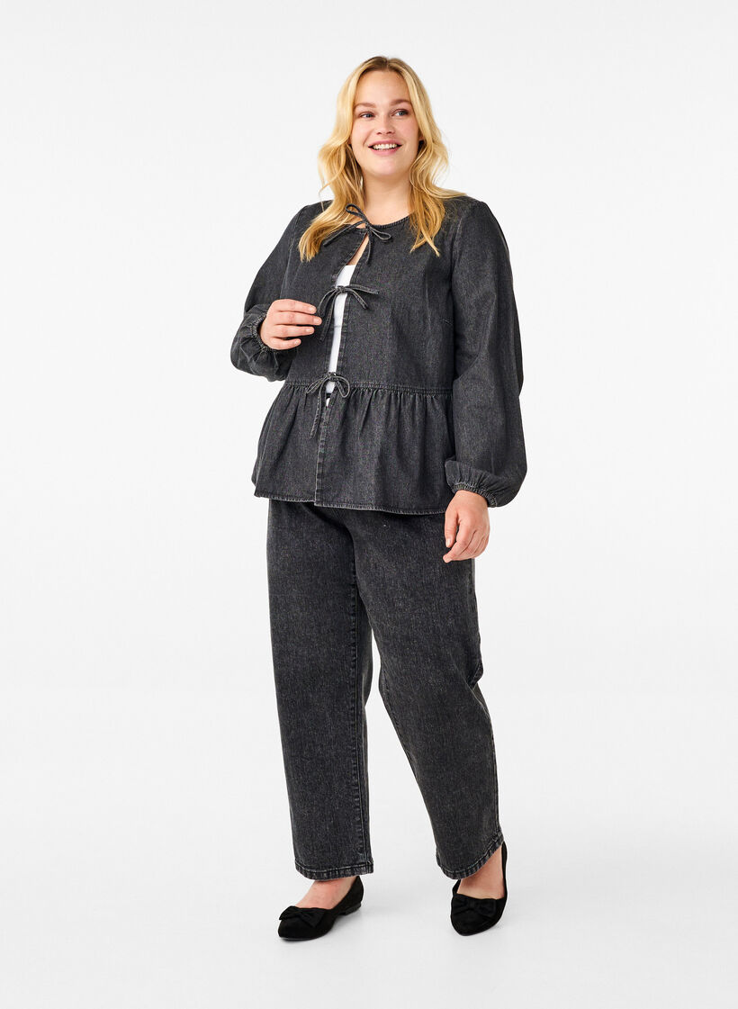 Peplum blouse in denim with a tie fastening, Dark Grey, Model image number 1