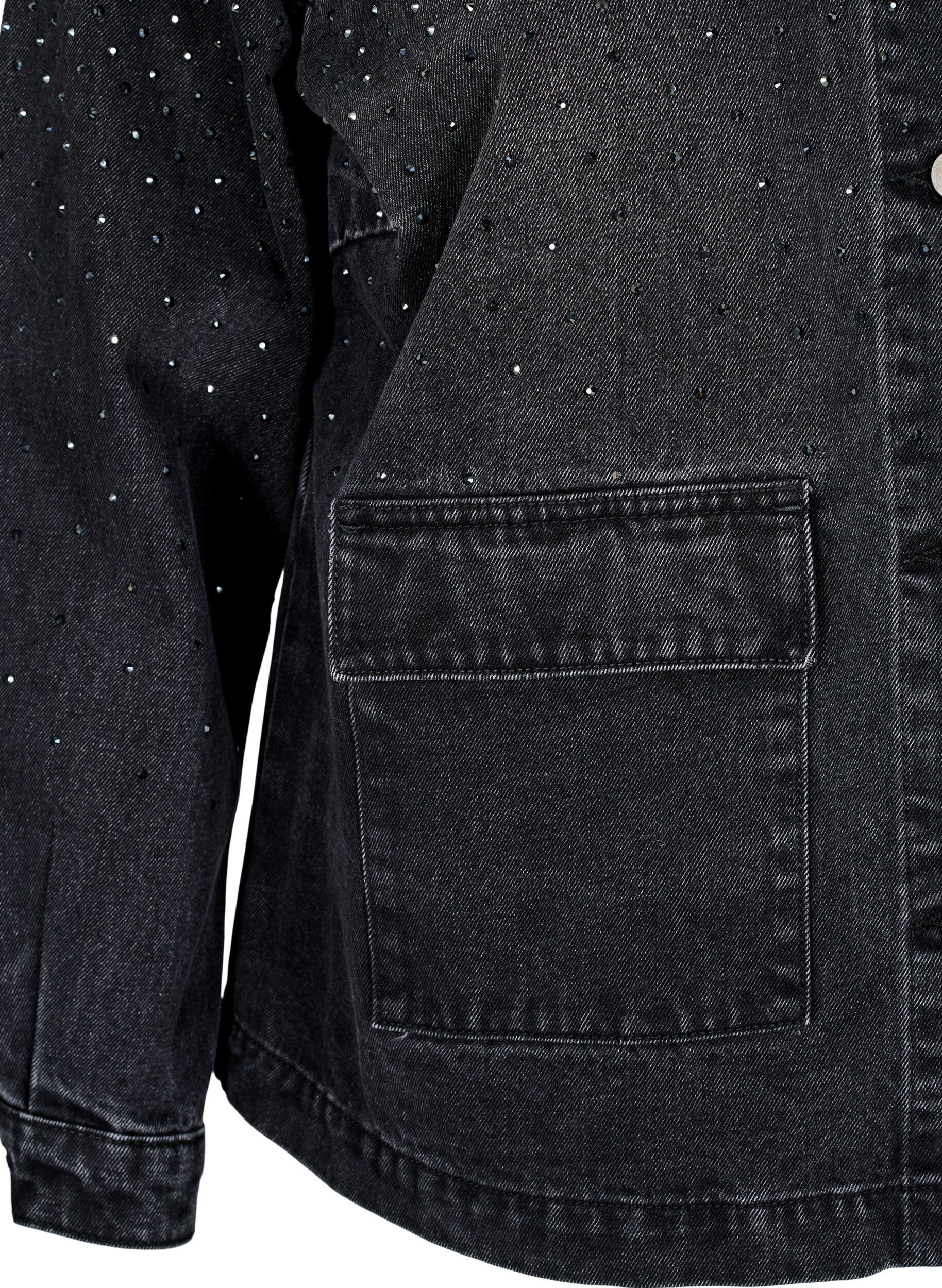 Zizzifashion Denim jacket with rhinestones and large front pockets, Grey, Packshot image number 3