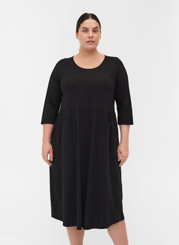Midi dress in organic cotton with pockets, Black, Model image number 0