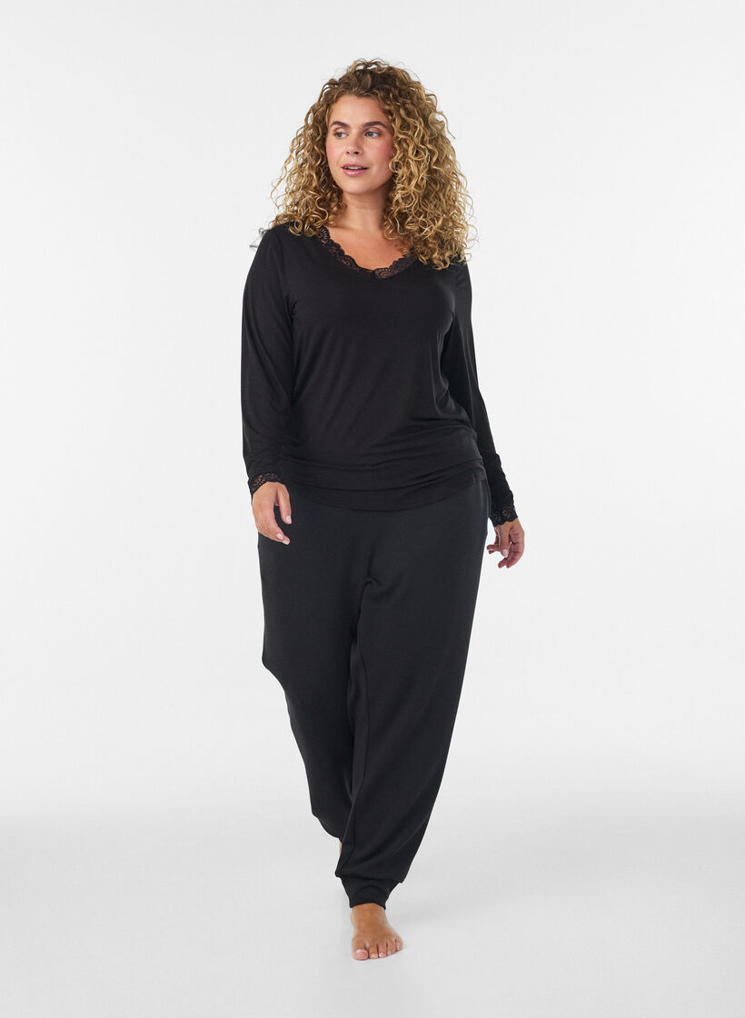 Viscose blouse with lace trim and V-neck, Black, Model image number 1
