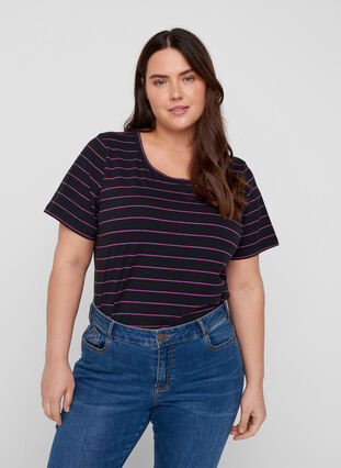 Striped T-shirt in cotton, Black w. Purple , Model image number 0