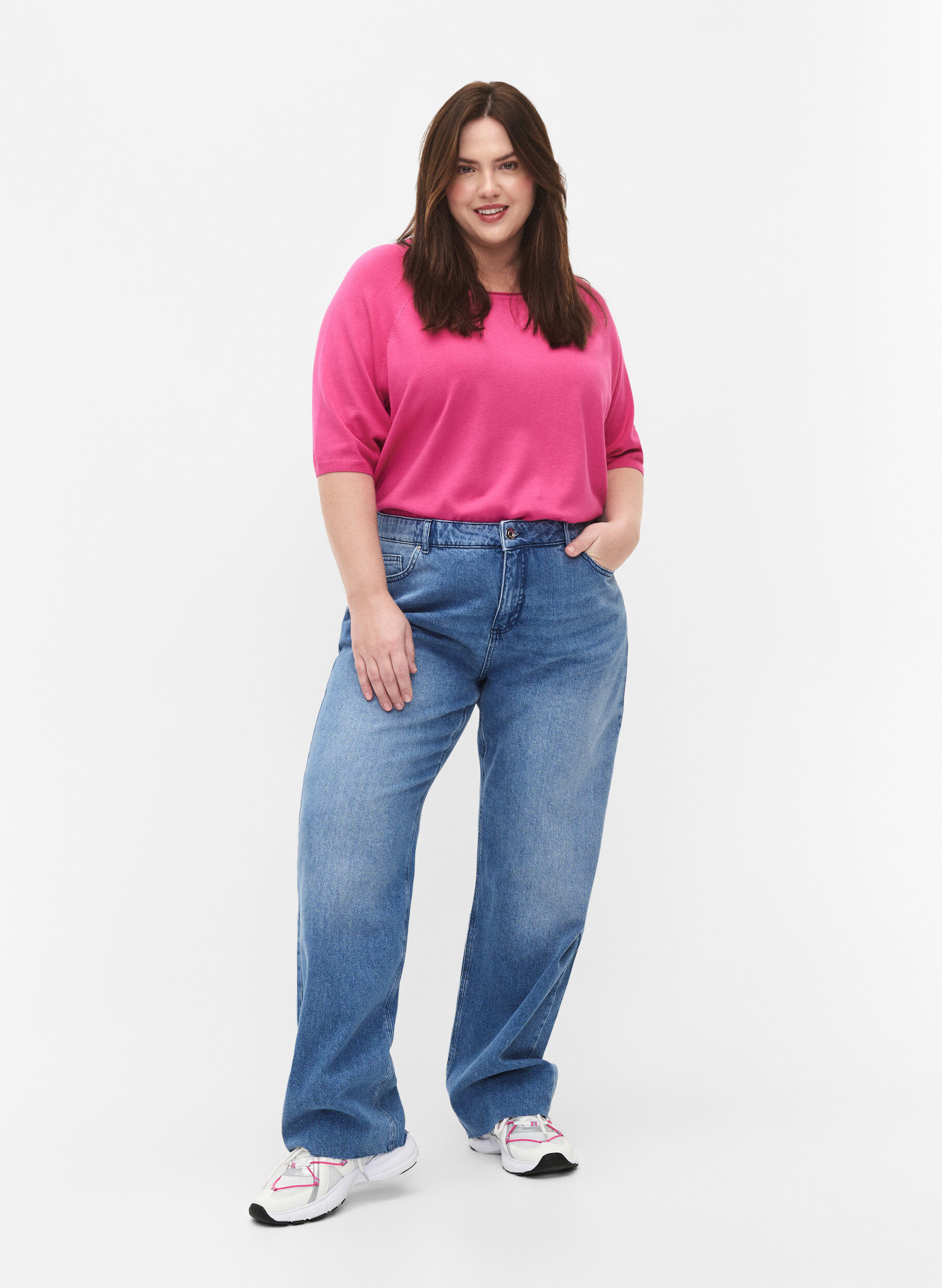 Zizzifashion Viscose knitted blouse with 3/4 sleeves, Raspberry Rose, Model image number 2