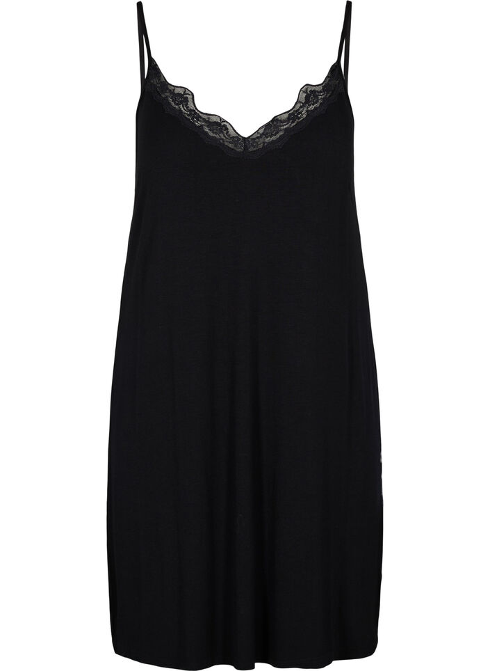 Viscose nightgown with lace trim, Black, Packshot image number 0