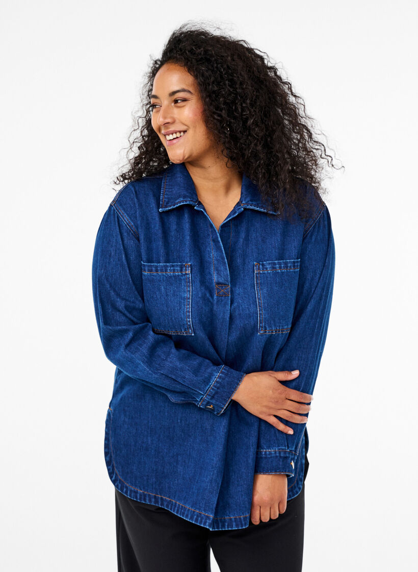 Denim blouse with collar, Unwashed, Model image number 0