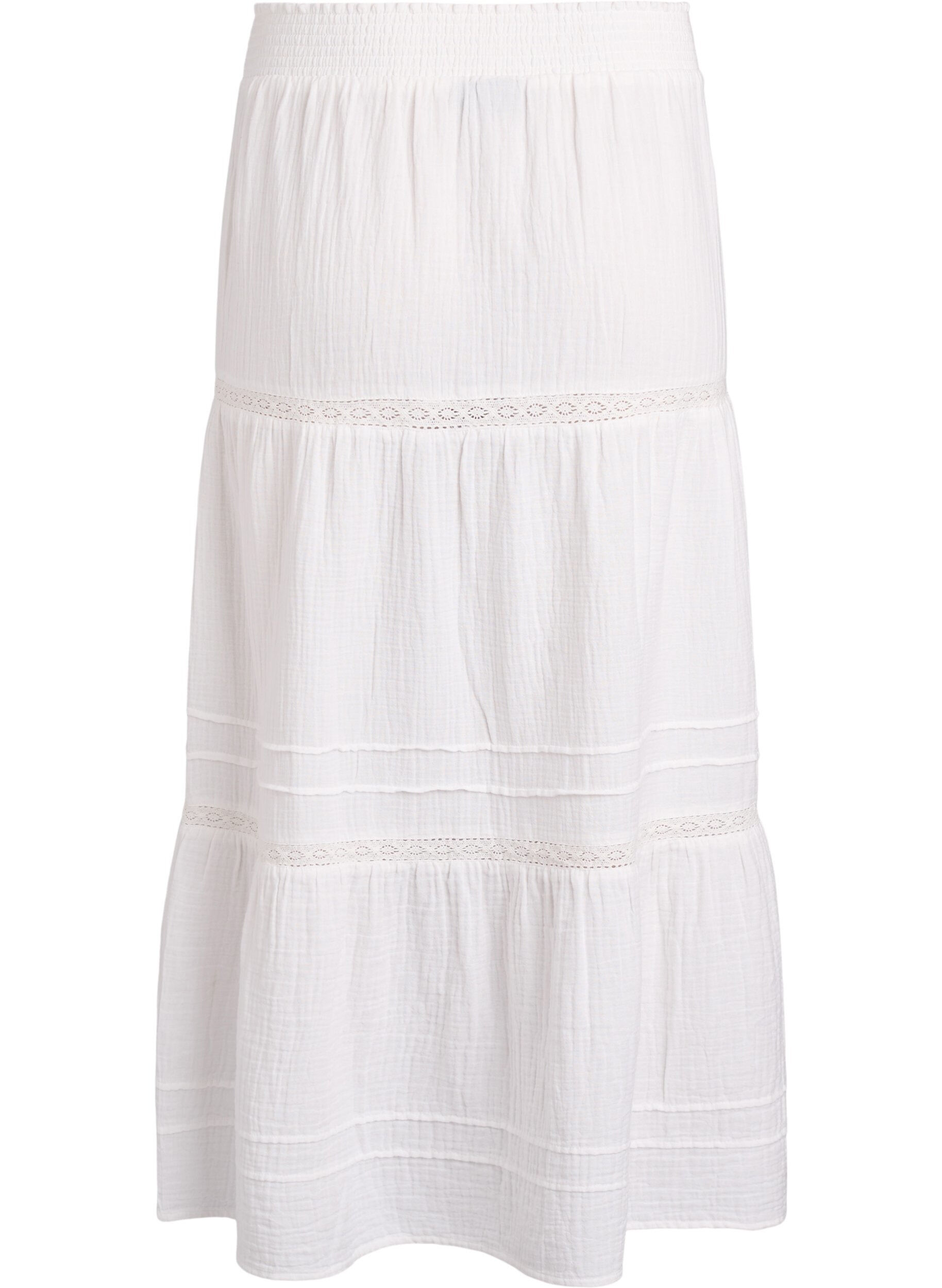 Zizzifashion A-line midi skirt in cotton muslin with crochet band, White, Packshot image number 1