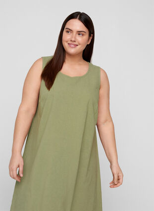 Sleeveless cotton dress with A-line cut, Aloe, Model image number 2