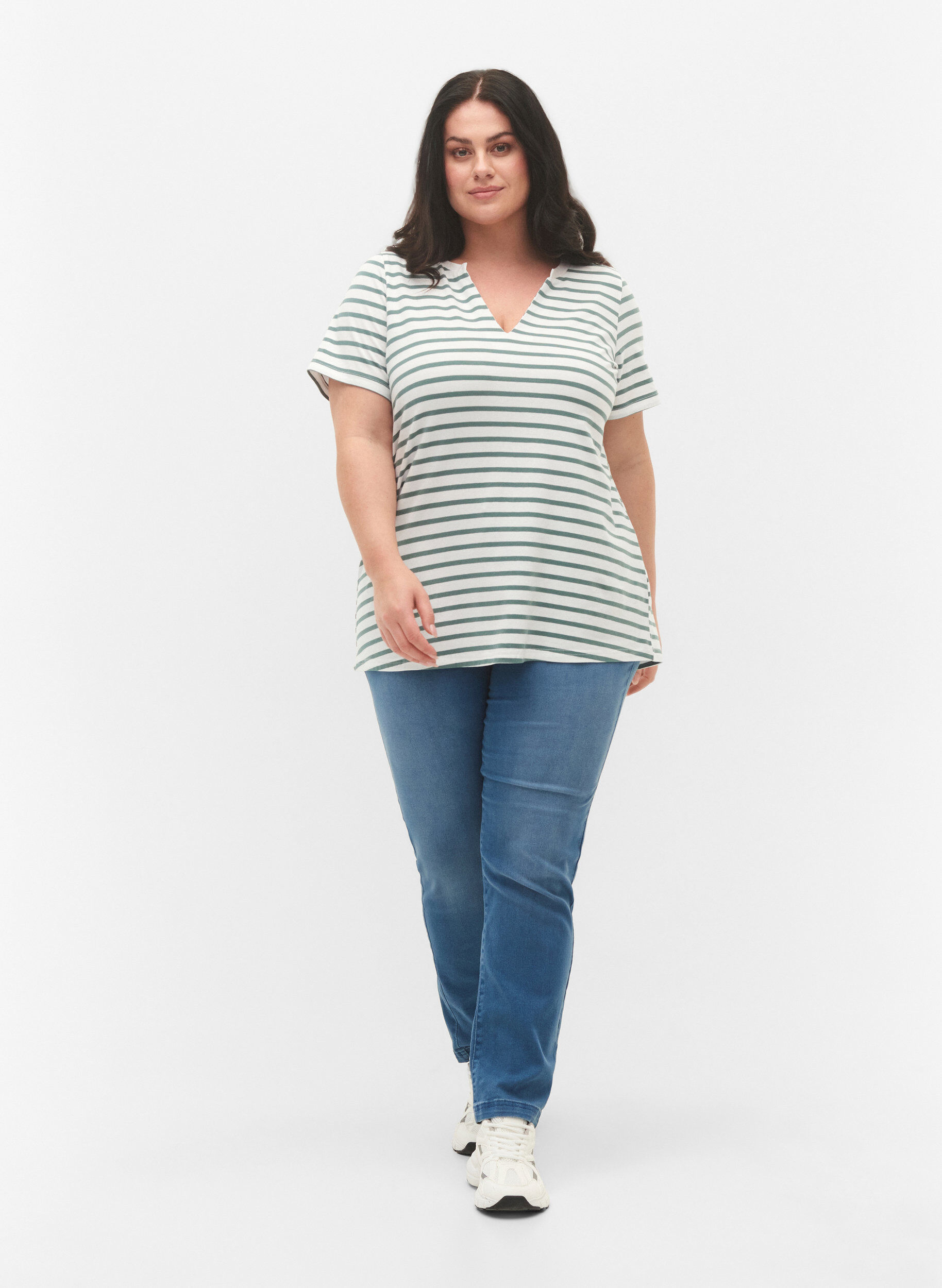 Zizzifashion Cotton t-shirt with stripes and v-neck, B.White/SeaP.Stripes, Model image number 2