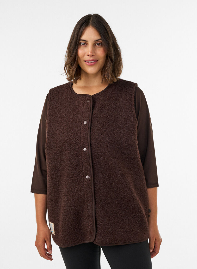 Fleece vest with press buttons and side pockets, Brown, Model image number 0