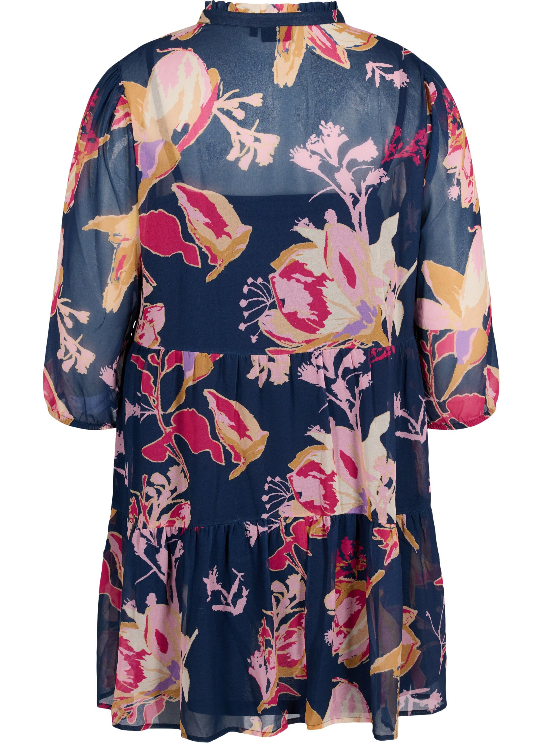 Zizzifashion Floral tunic with 3/4 sleeves and ruffle collar, Big Flower AOP, Packshot image number 1