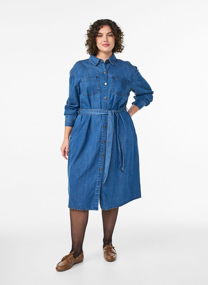 Denim shirt dress with tie-belt and side pockets, Blue, Model image number 0