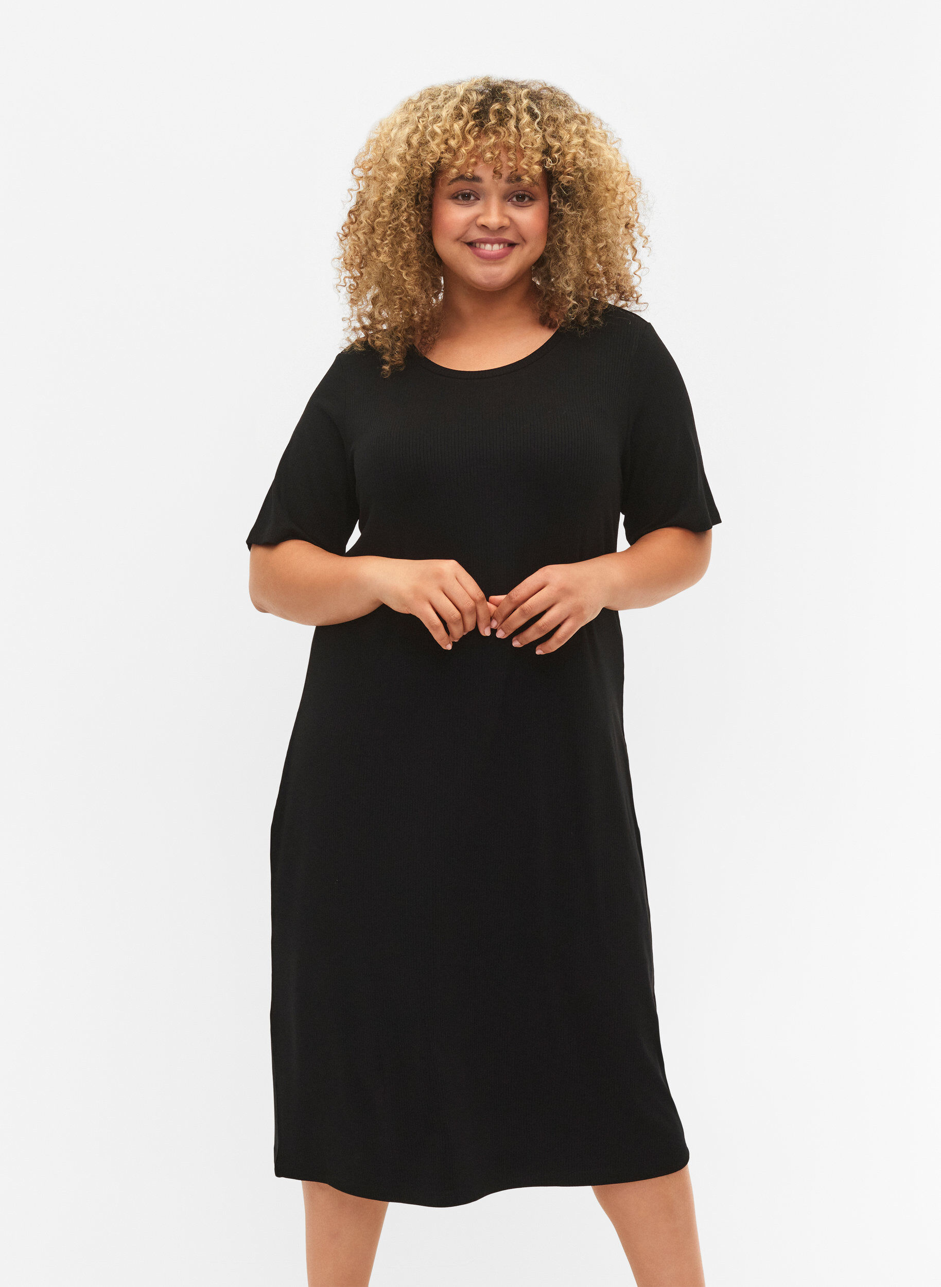 Zizzifashion Viscose rib midi dress with short sleeves, Black, Model image number 0