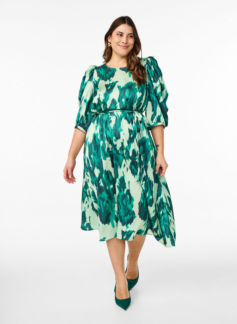 Short-sleeved party dress with tie belt, Green, Model image number 0