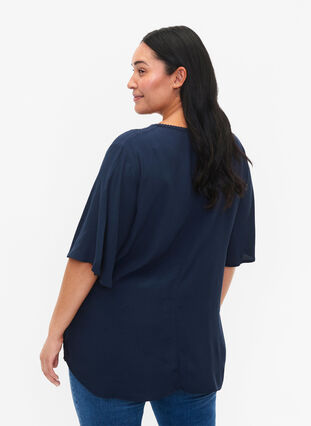 Viscose blouse with 1/2 sleeves and embroidery detail, Total Eclipse, Model image number 1
